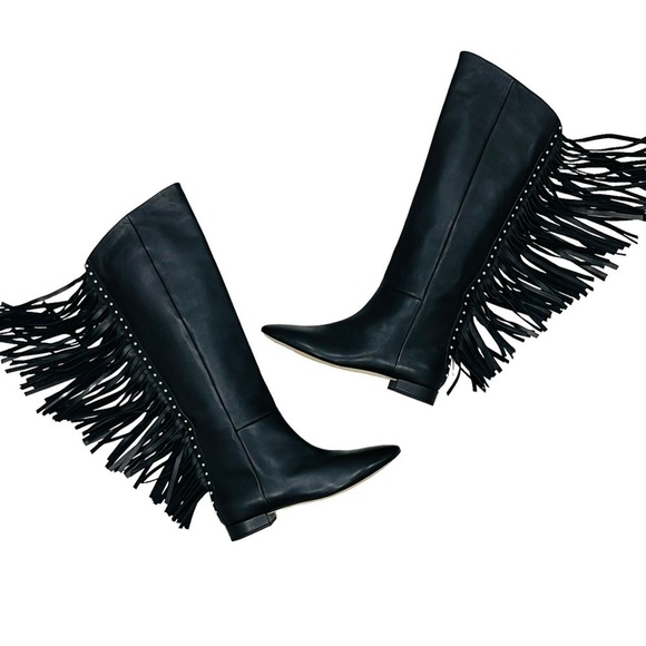 Saint Laurent Dana Black Leather Fringe Studded Knee High Boots Size 35 $1890 - Picture 13 of 15